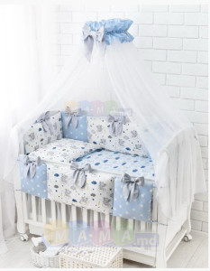 Комплект постельного белья ASIK Спящие слоники на облаках, голубой: 7 элементов